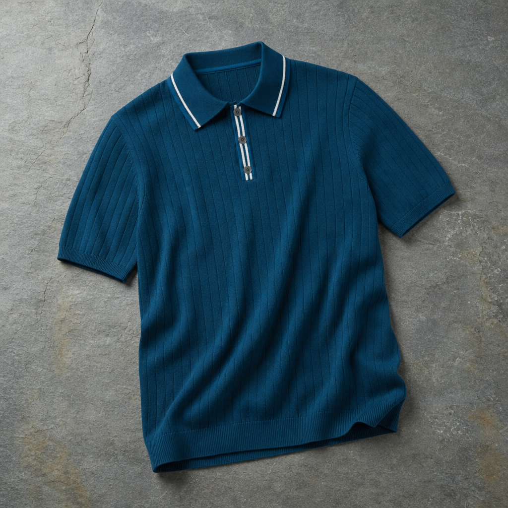Trani Tipped Collar Knit Polo in Dark Teal