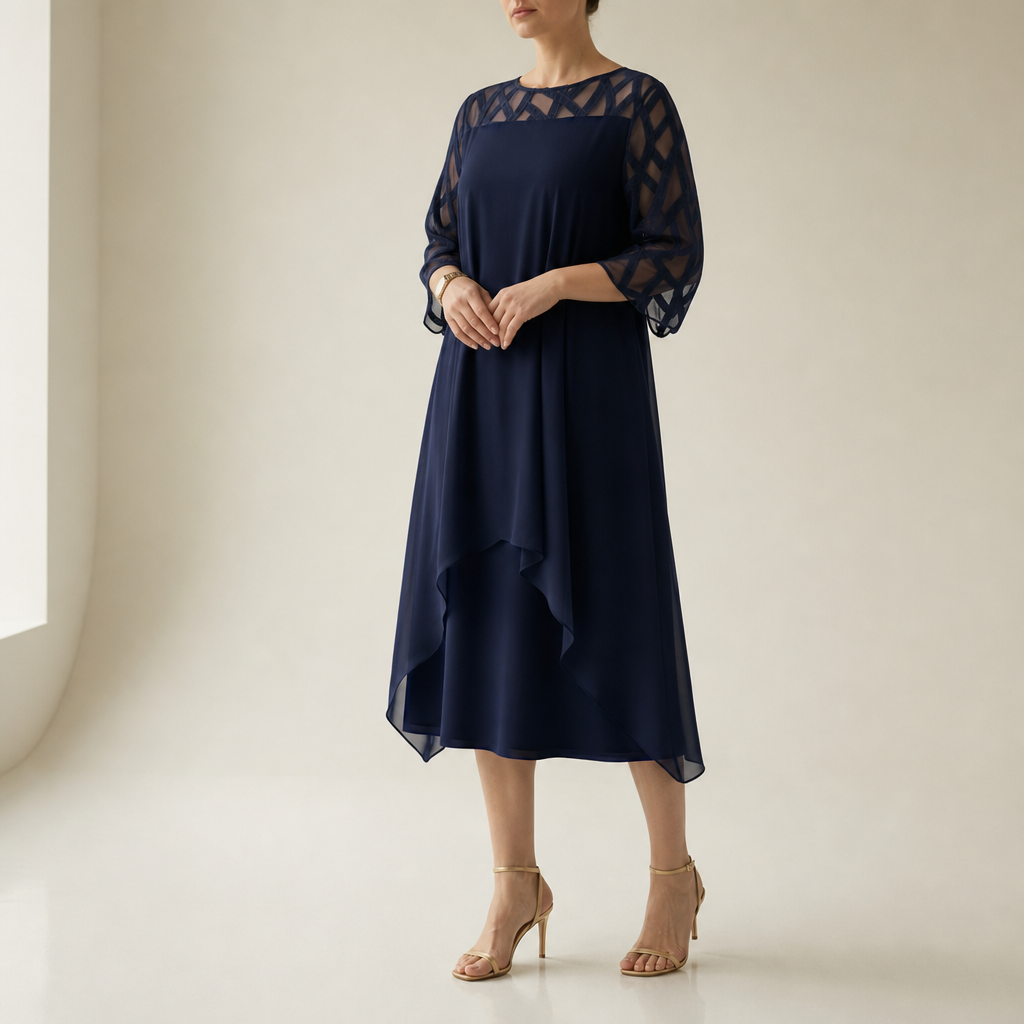 Olhao Lace Overlay Chiffon Dress in Deep Blue