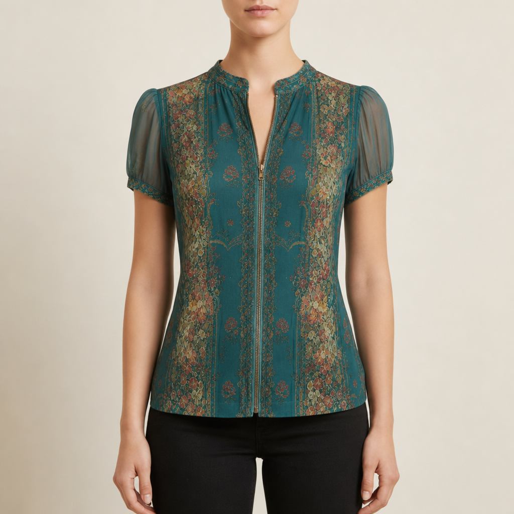 Palamos Floral Zip Chiffon Blouse in Deep Teal