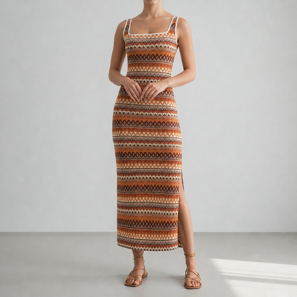 Saint Tropez Boho Stripe Knit Dress in Desert Clay