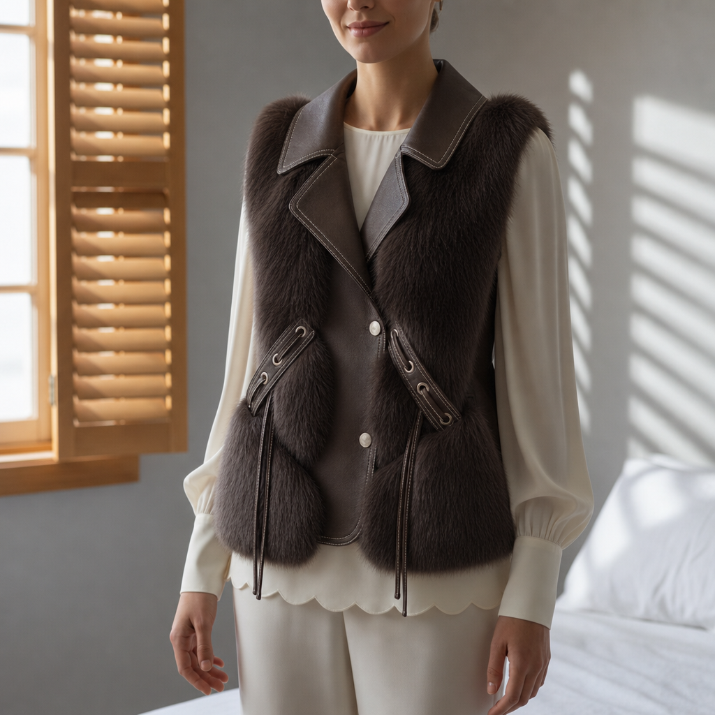 Siracusa Faux Fur Lapel Gilet in Espresso Deep Brown