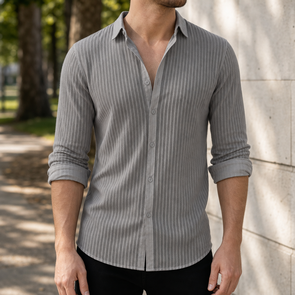 Trujillo Striped Lapel Button Shirt in Gray