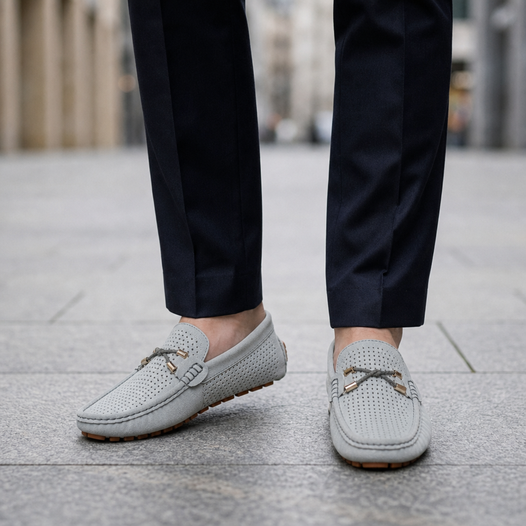 Vellara Perforated Suede Loafers in Gray