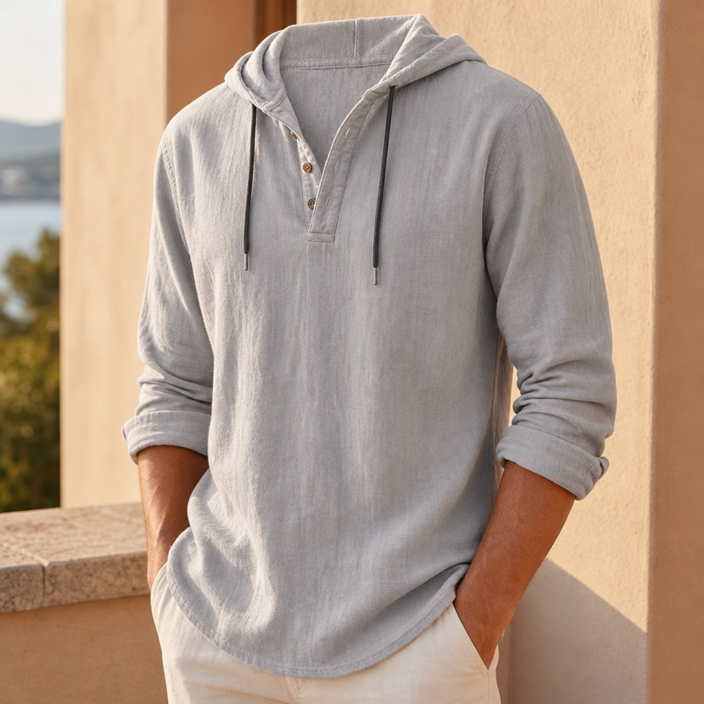 Montepulciano Linen Henley Hoodie Shirt in Gray