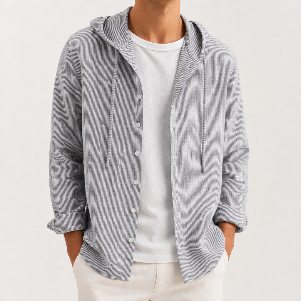 Ston Striped Hooded Linen Shirt in Gray