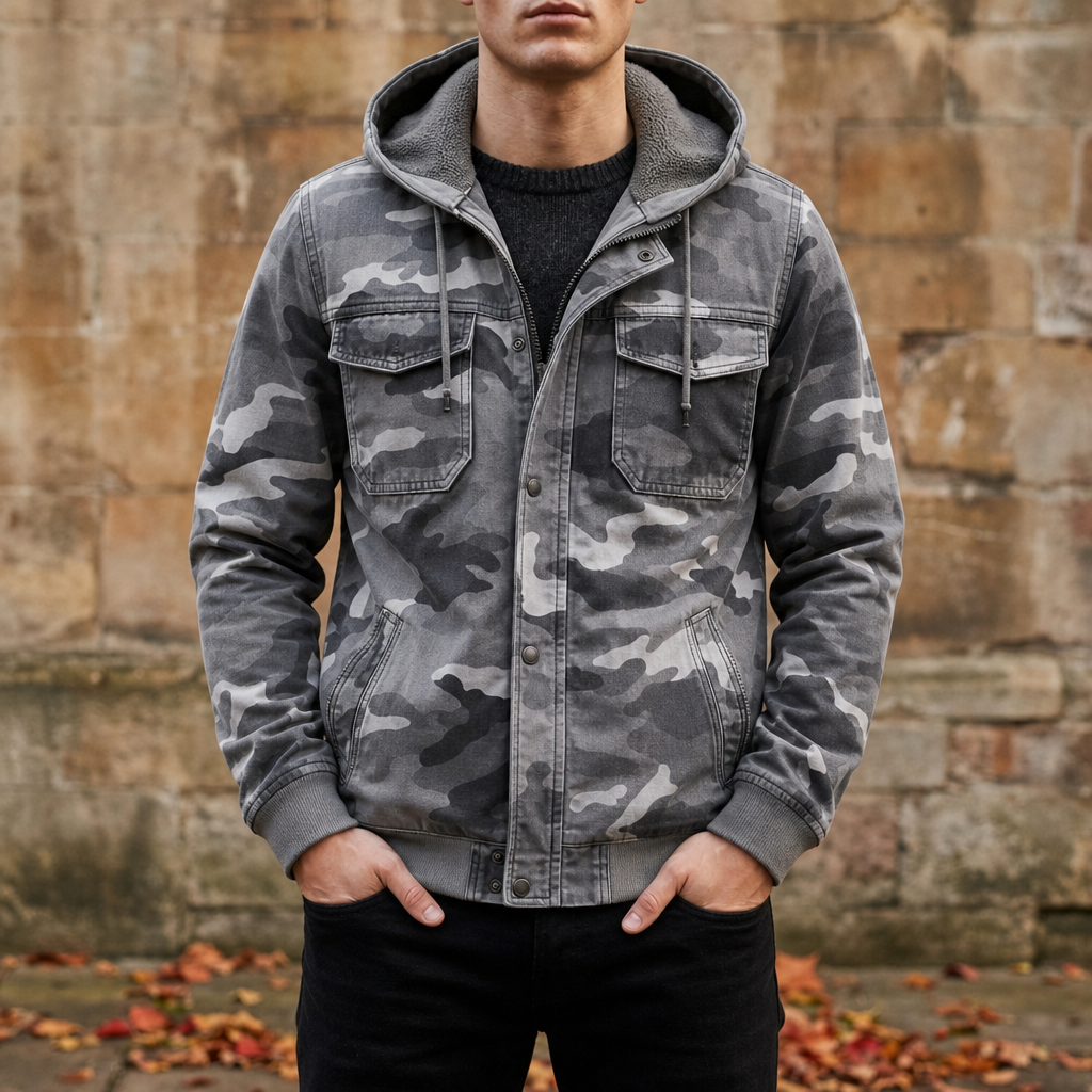 Estoril Camo Hooded Cargo Jacket in Gray