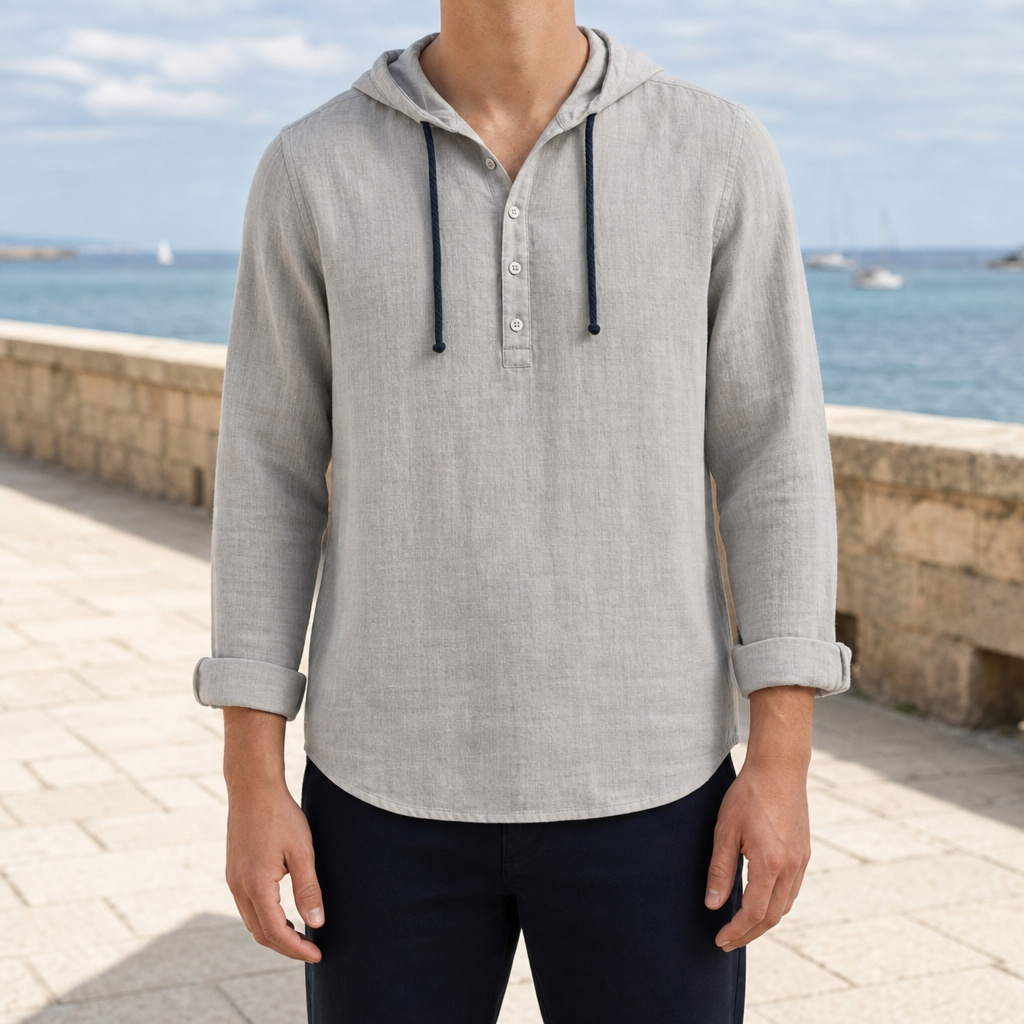 Tavira Linen Hooded Henley in Gray