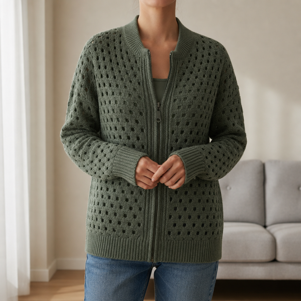 Modica Hollow Knit Zip Cardigan in Green