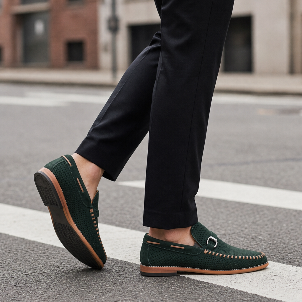 Perpignan Perforated Suede Loafers in Green