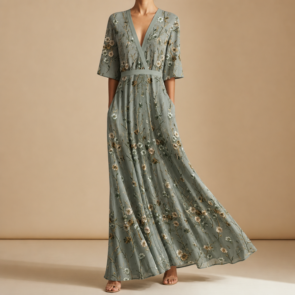Trento Floral V-Neck Maxi Dress in Green