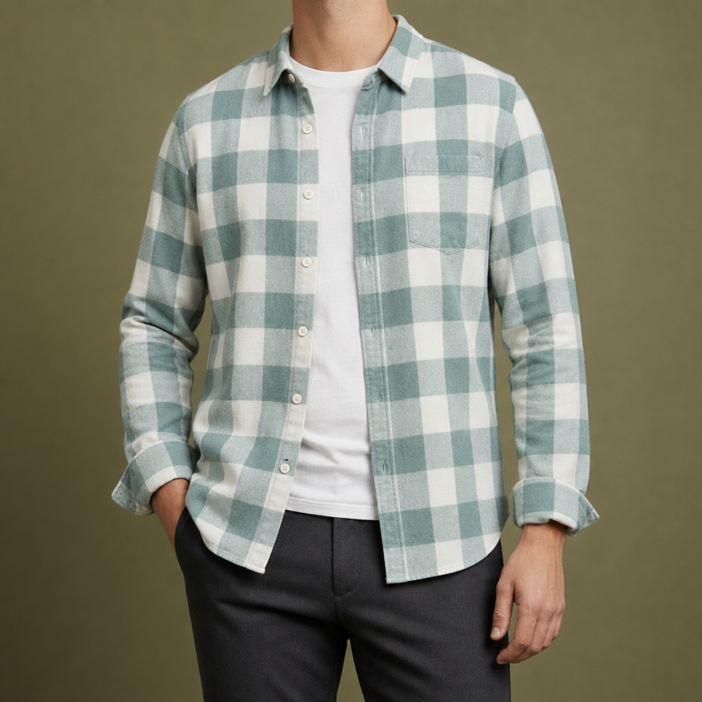Kent Slim Fit Plaid Cotton Long Sleeve Shirt in Green