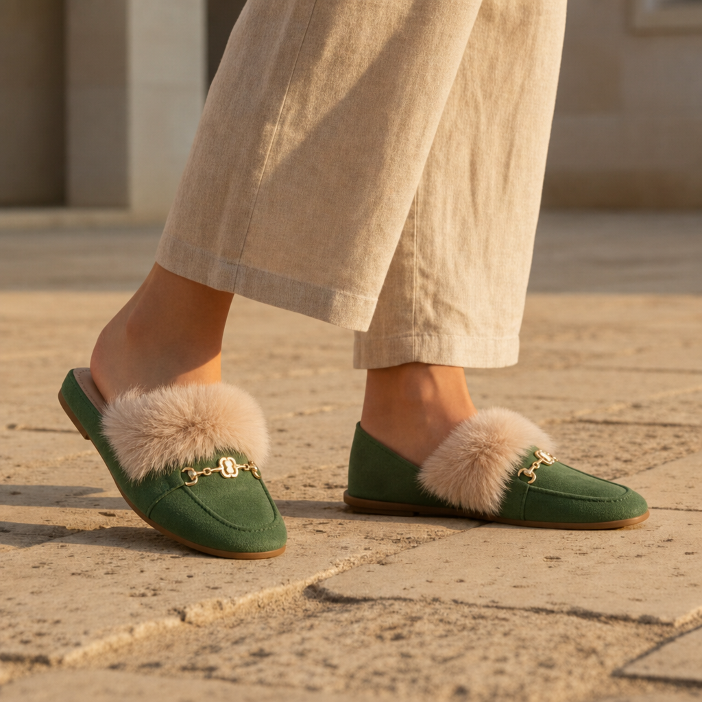 Ierapetra Faux Fur Chain Loafers in Green