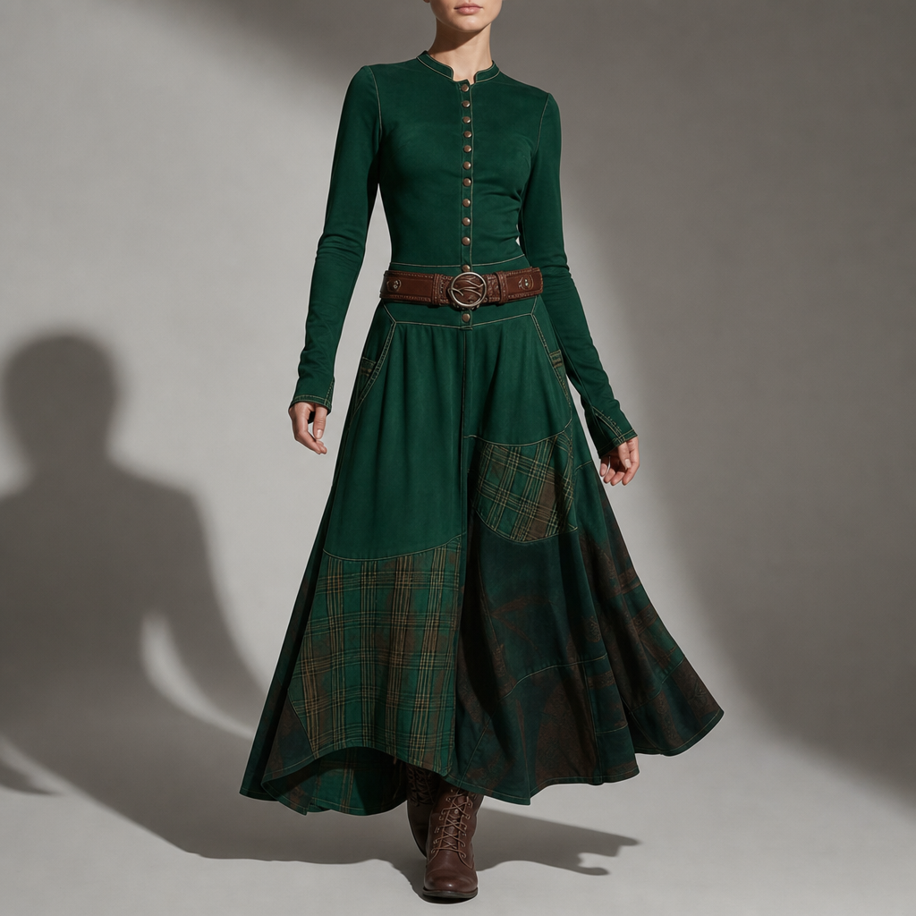 Symi Patchwork Plaid Maxi Dress in Green