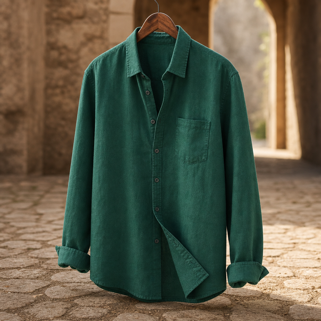 Trogir Linen Cotton Button-Up in Green