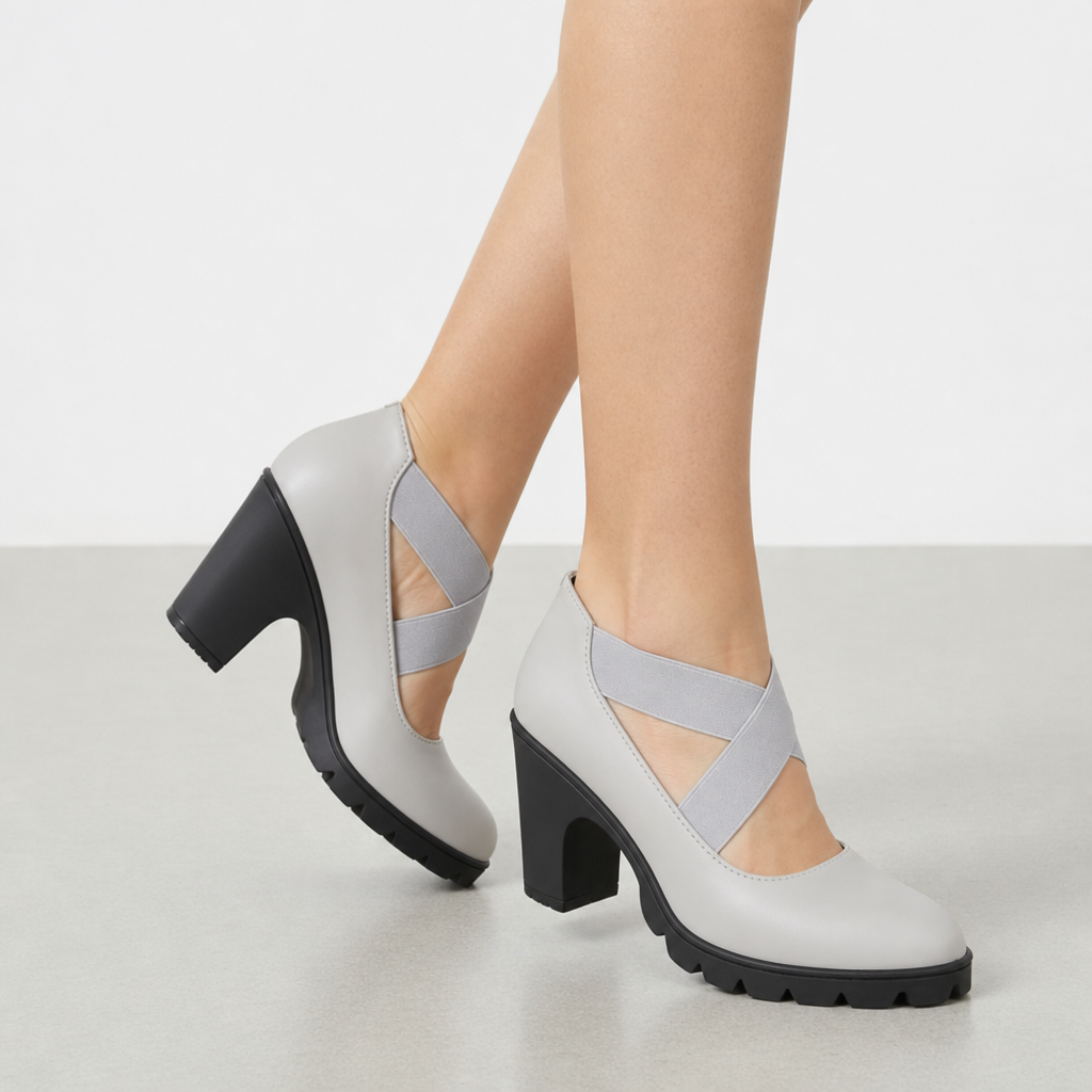 Kythnos Crisscross Strap Block Heels in Grey PU Leather