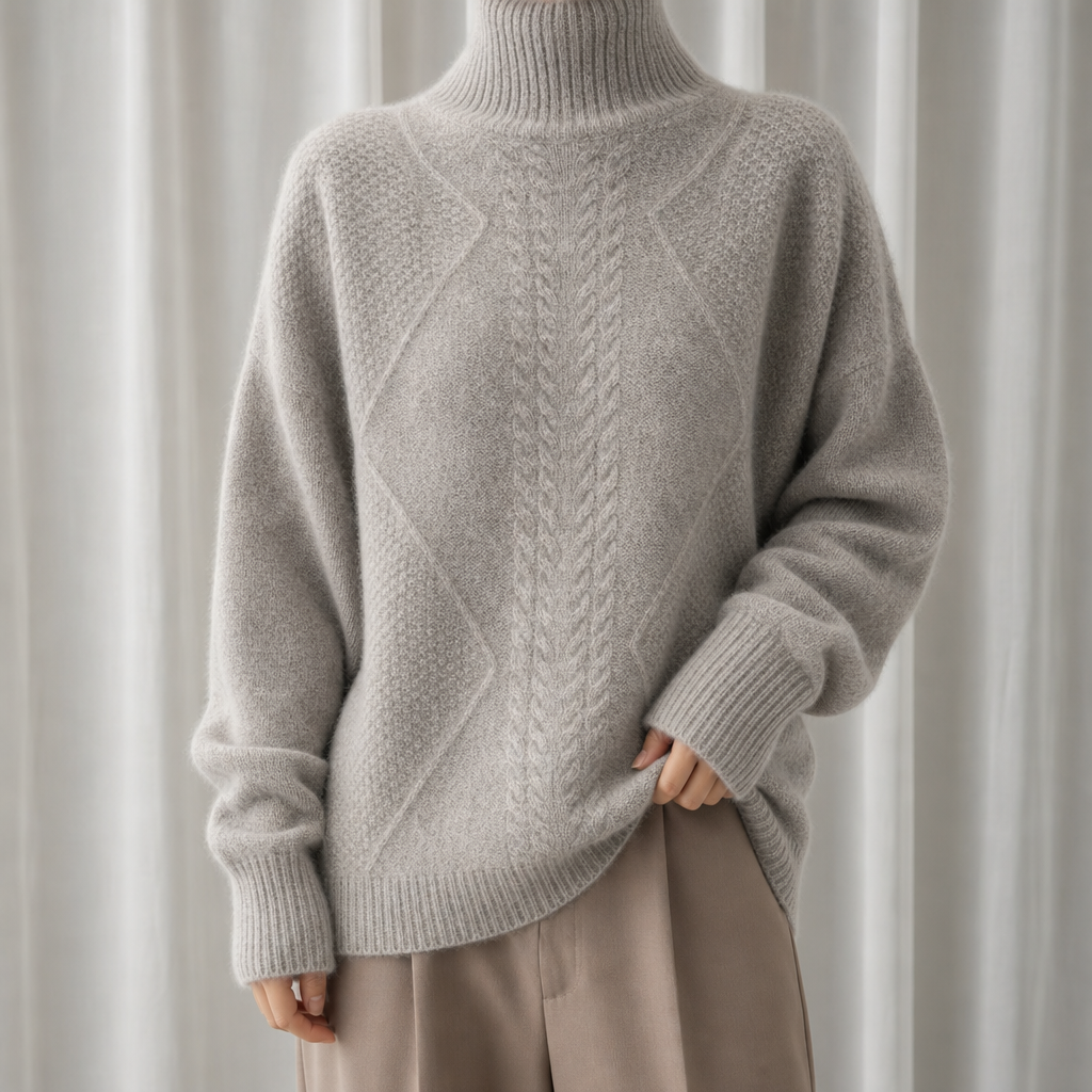 Paphos Cable Knit Cashmere Turtleneck in Grey