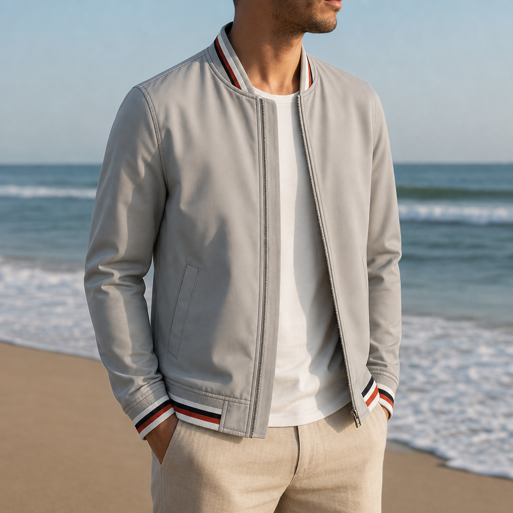 Split Striped Trim Zip Jacket in Grey