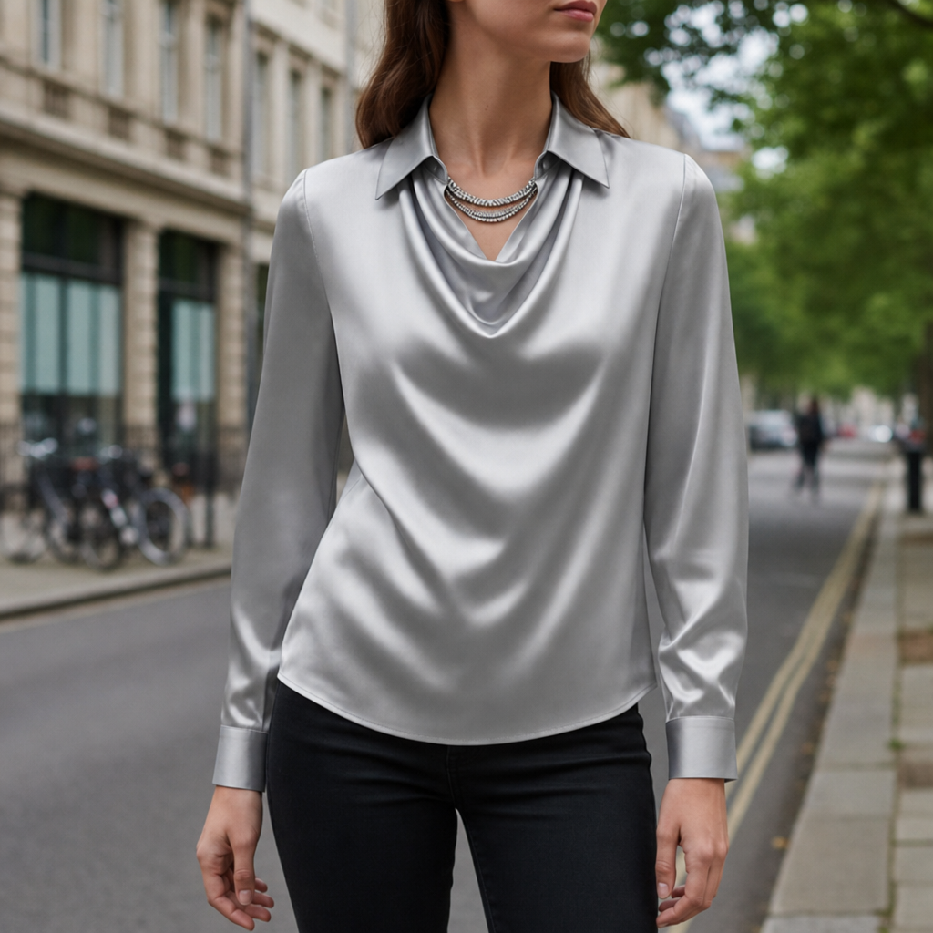 Getaria Satin Cowl Neck Blouse in Grey