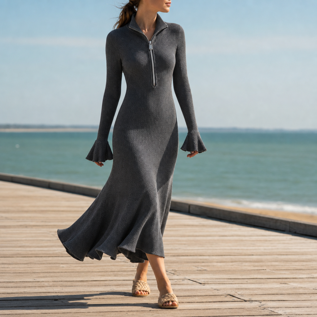 Thassos Zipper Knit Midi Dress in Grey