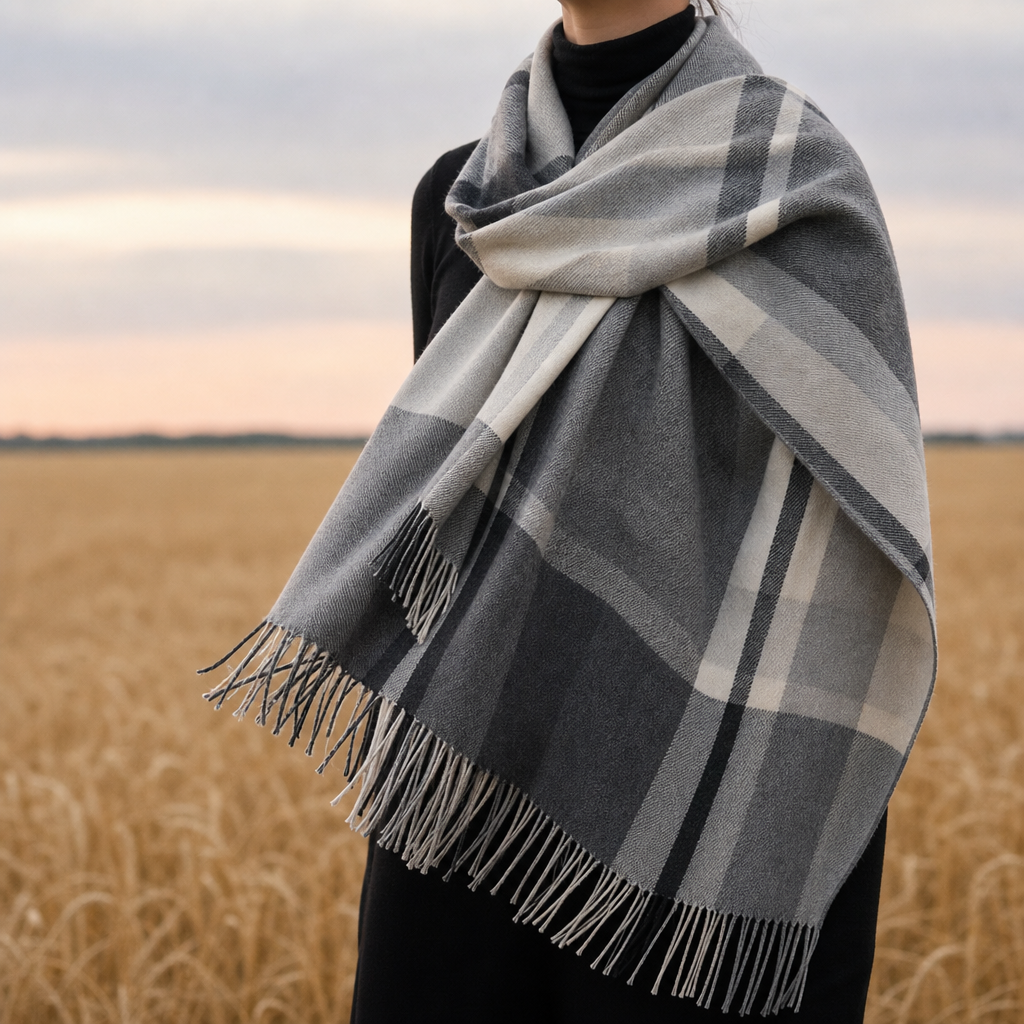 Grasse Plaid Fringe Scarf in Grey