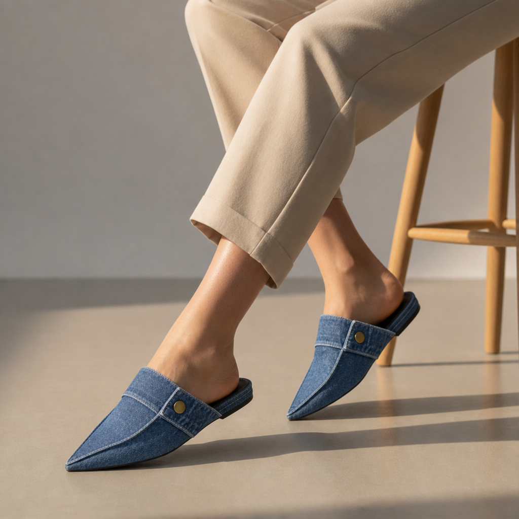 Rivello Denim Pointed Mules in Indigo