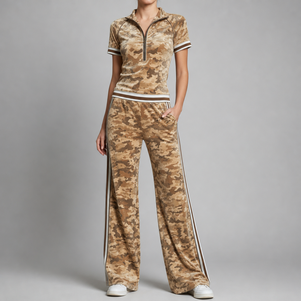 Thassos Camo Velvet Tracksuit Set in Khaki