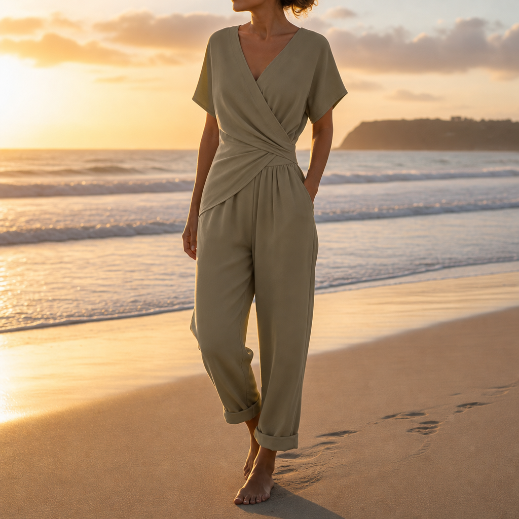 Volterra Wrap Front Jumpsuit in Khaki