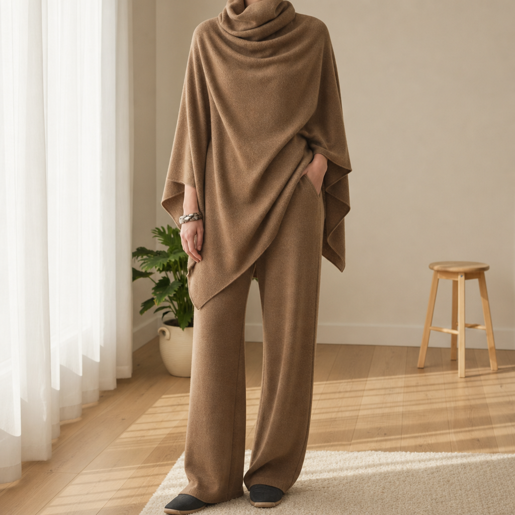 Verona Cape Poncho Trouser Set in Khaki