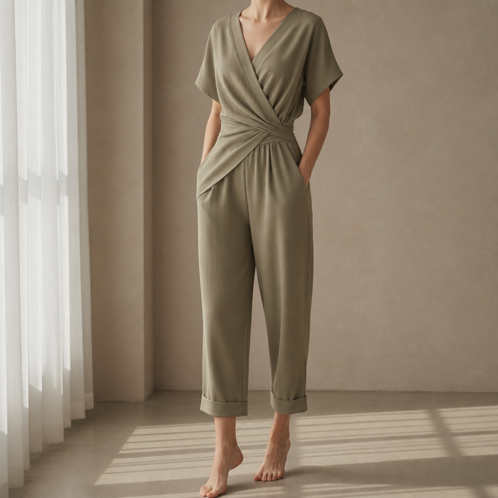 Otranto Wrap Front Jumpsuit in Khaki