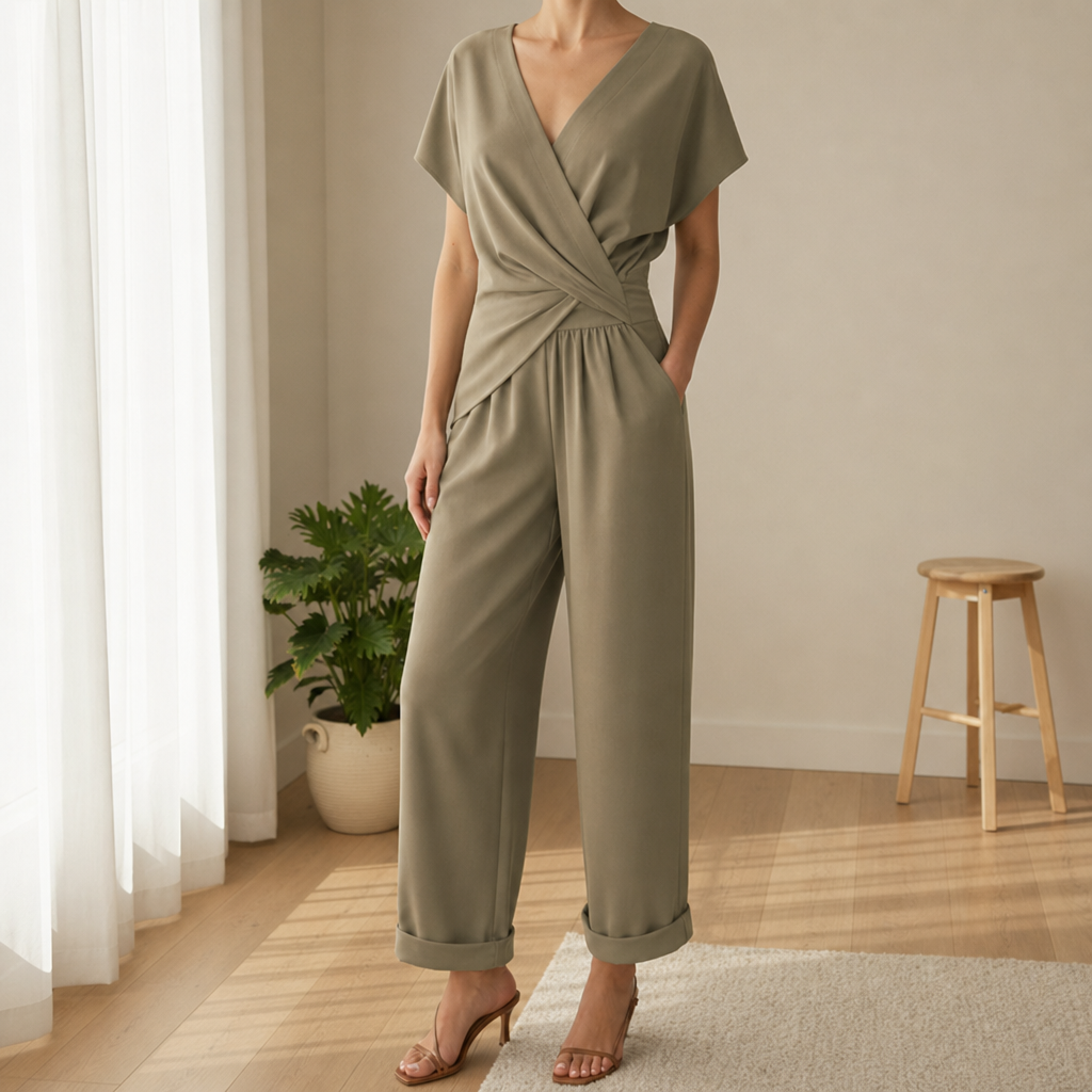 Beziers Wrap Front Jumpsuit in Khaki