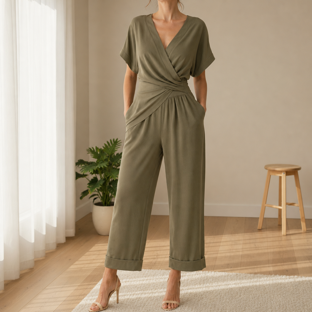 Noto Wrap Front Wide-Leg Jumpsuit in Khaki
