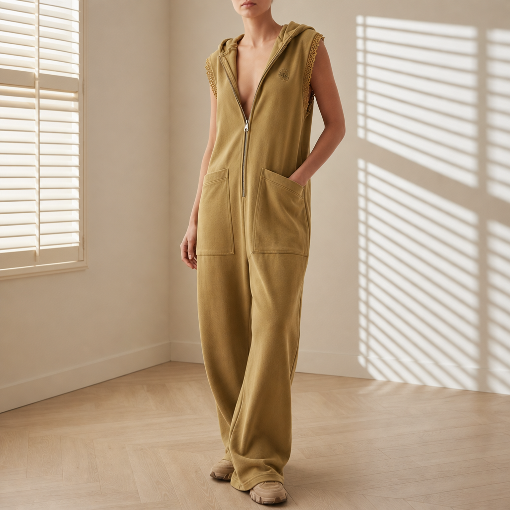 Lefkada Hooded Zip Jumpsuit in Khaki