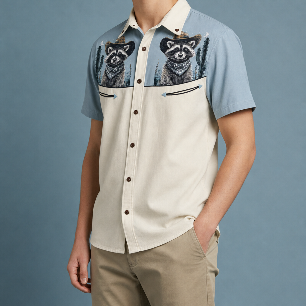 Palamos Astronaut Cowboy Western Shirt in Light Blue And Cream