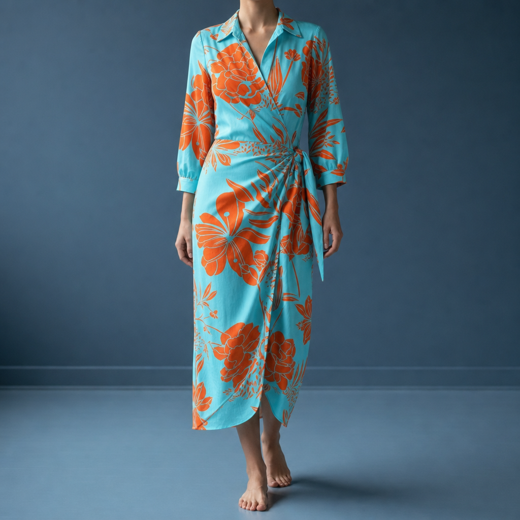 Mljet Striped Wrap Midi Dress in Light Blue