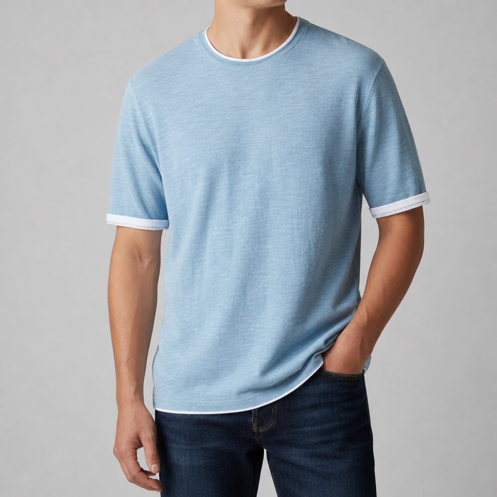 Ravello Vintage Contrast Trim Tee in Light Blue