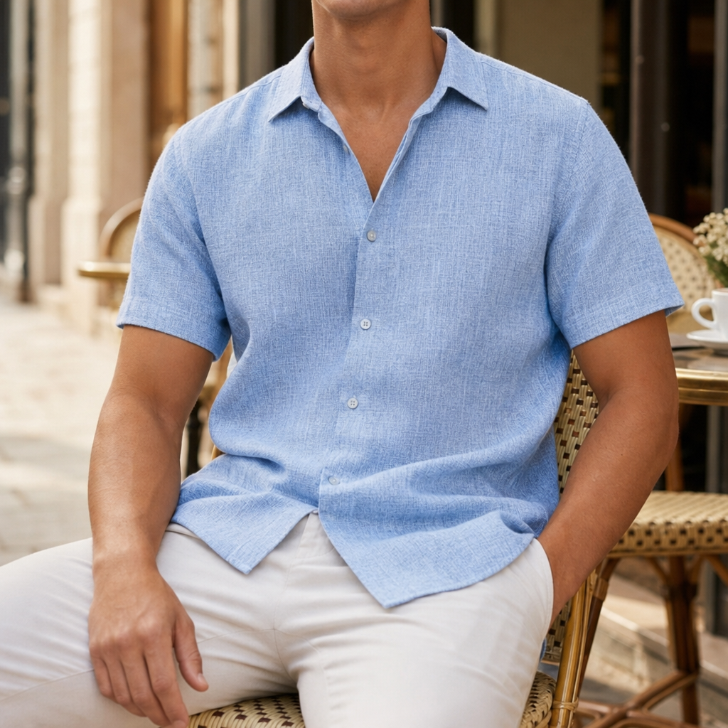 Maratea Linen-Look Short Sleeve Shirt in Light Blue