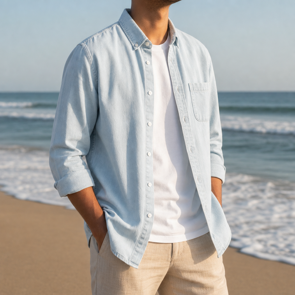 Arezzo Denim Button-Down Shirt in Light Wash Denim