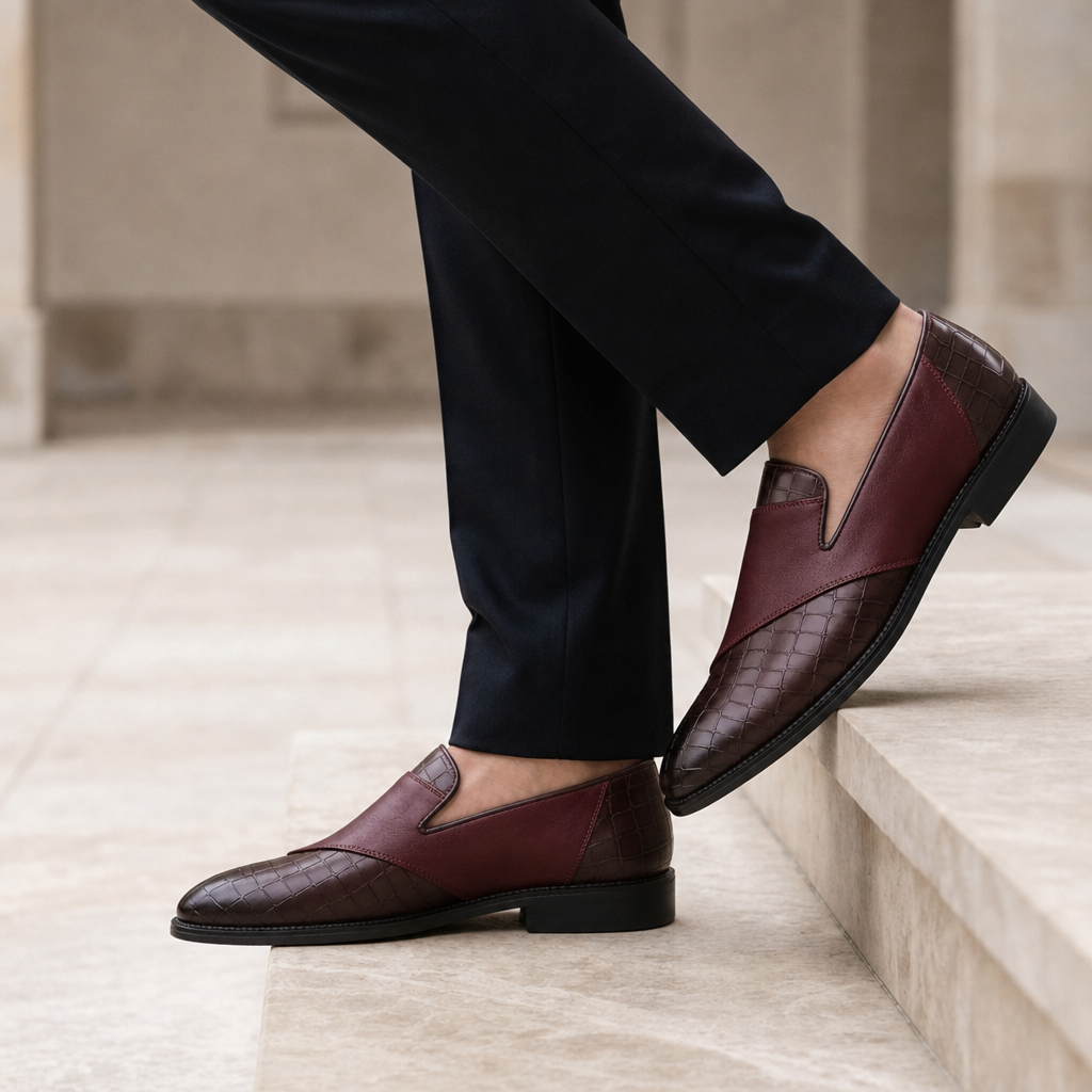 Pienza Croc Embossed Loafers in Maroon
