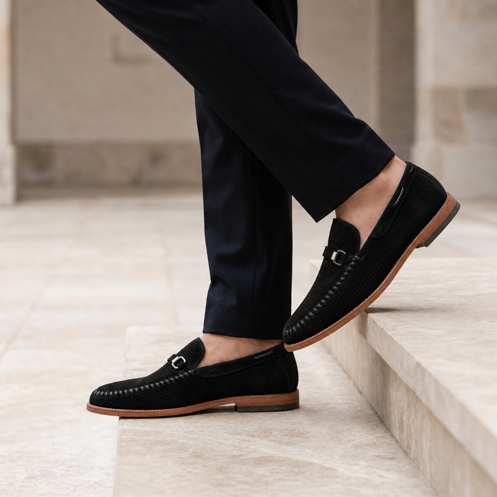 Cassis Perforated Suede Loafers in Midnight Black