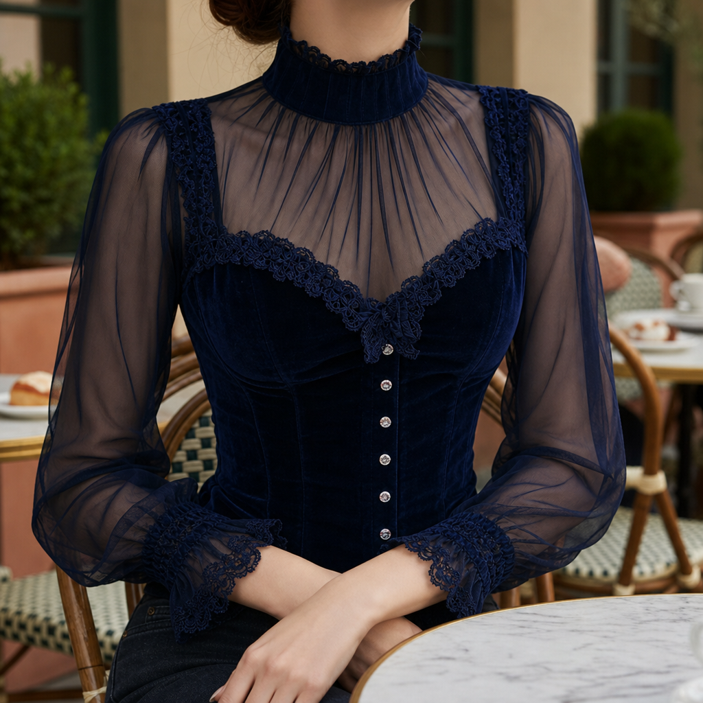 Cavtat Velvet Lace Corset Blouse in Midnight Blue