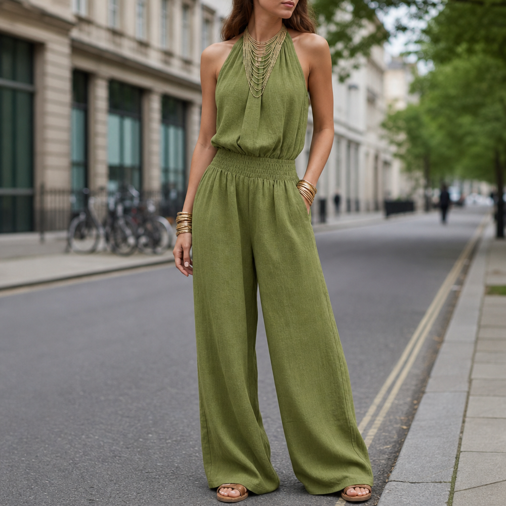 Gythio Halter Smocked Waist Jumpsuit in Moss Green