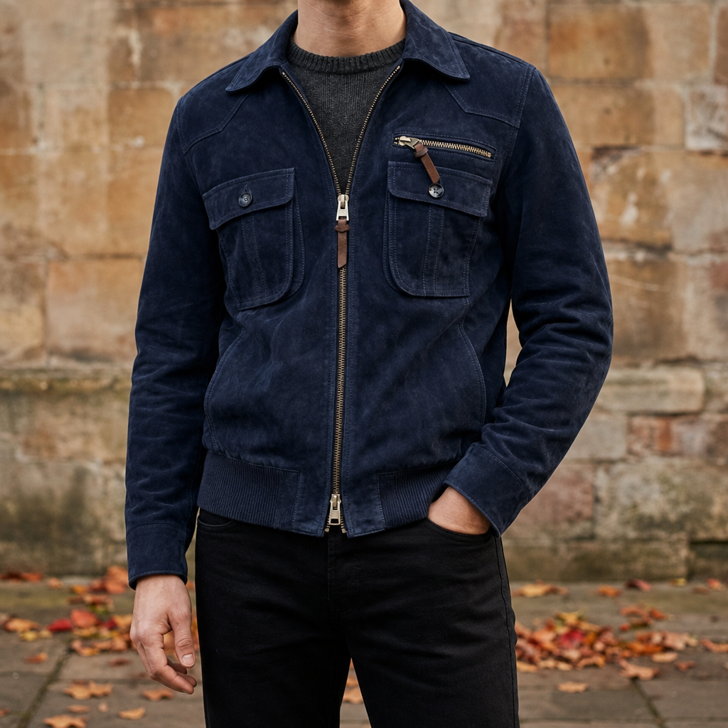 Mljet Retro Suede Bomber Jacket in Navy Blue