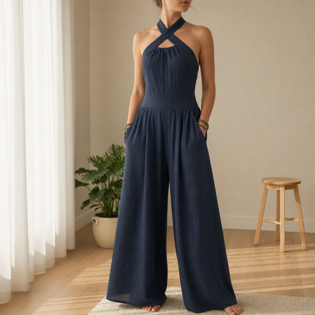 Sanremo Cross Halter Jumpsuit in Navy Blue