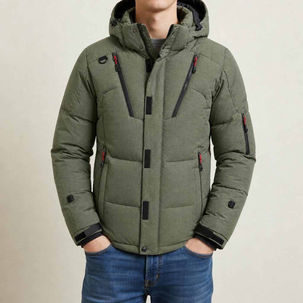Ios Hooded Down Puffer Jacket in Navy Green