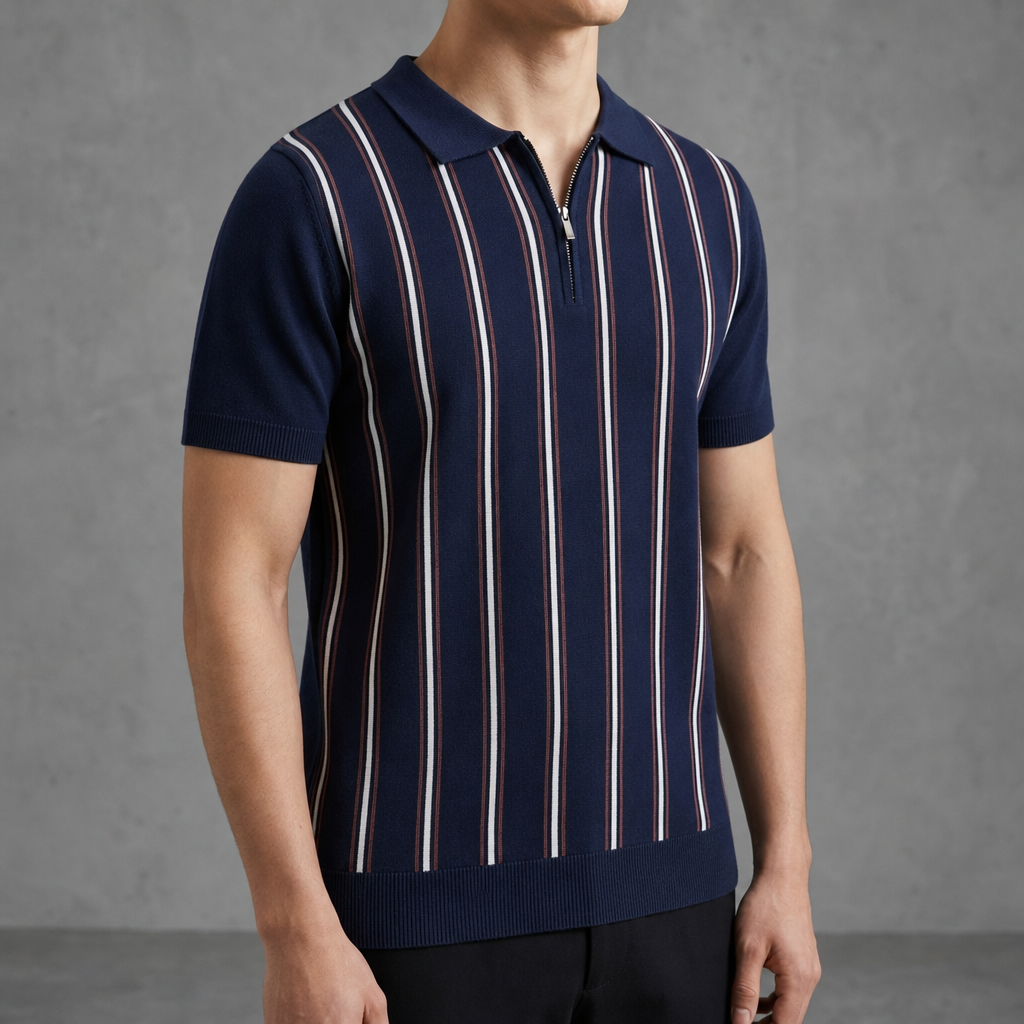Sitges Stripe Zip Knit Polo in Navy