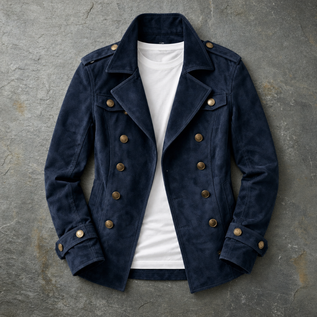 Carvoeiro Double-Breasted Suede Jacket in Navy