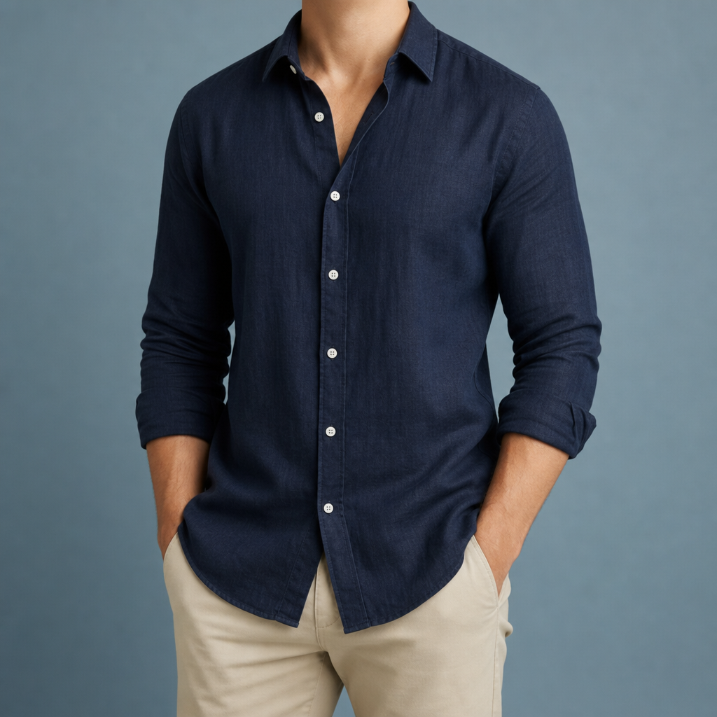 Lucca Linen Button-Up Shirt in Navy