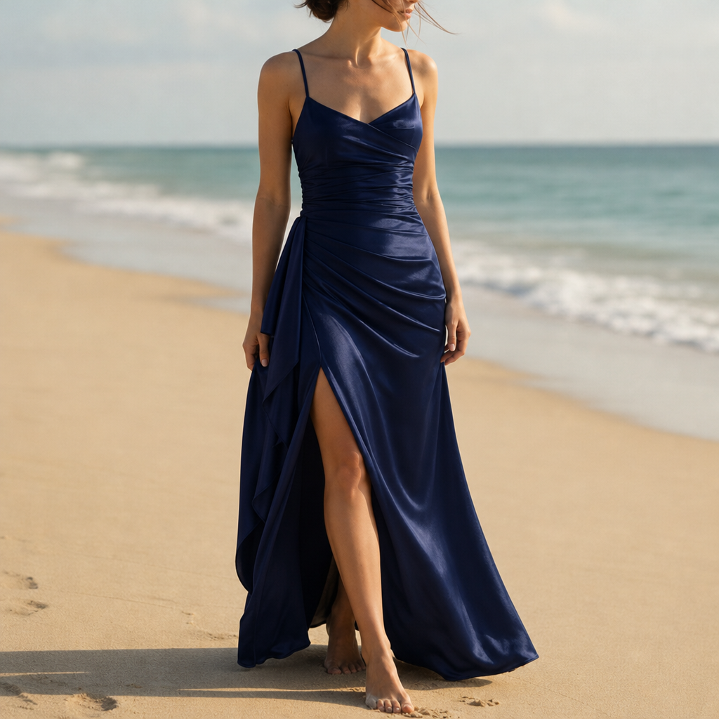 Modica Ruched Satin Maxi Dress in Navy
