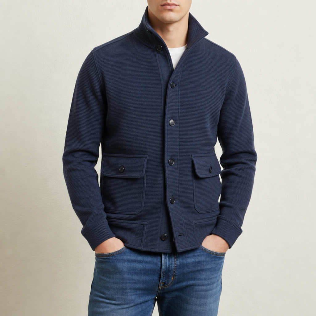 Merano Stand Collar Knit Jacket in Navy