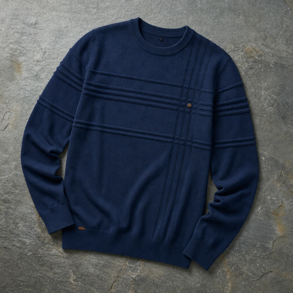 Mdina Grid-Knit Crew Sweater in Navy